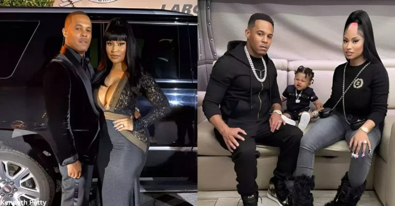A captivating diptych captures the multifaceted lives of Nicki Minaj and Kenneth Petty, showcasing their glamorous red-carpet style on the left and a tender, candid family moment with their child on the right.